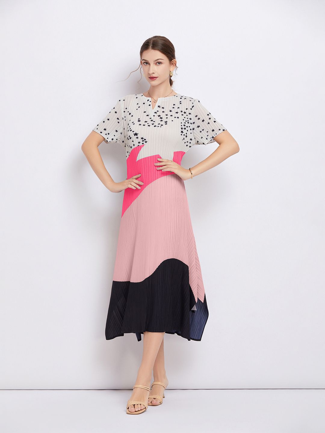

JC Collection Women Printed Flared Sleeve Fit & Flare Midi Dress, Pink