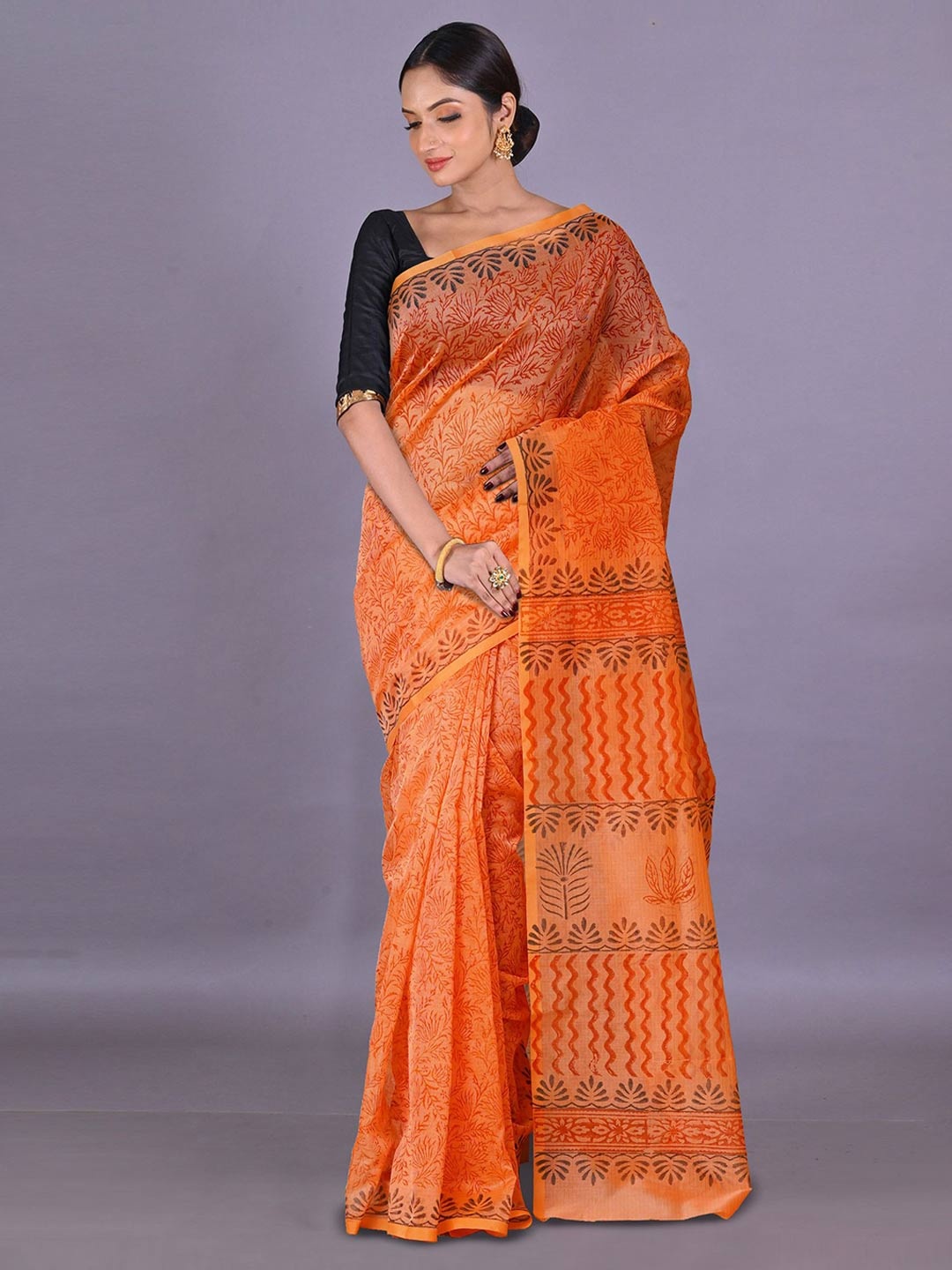 

Unnati Silks Ethnic Motifs Supernet Handloom Block Print Saree, Orange