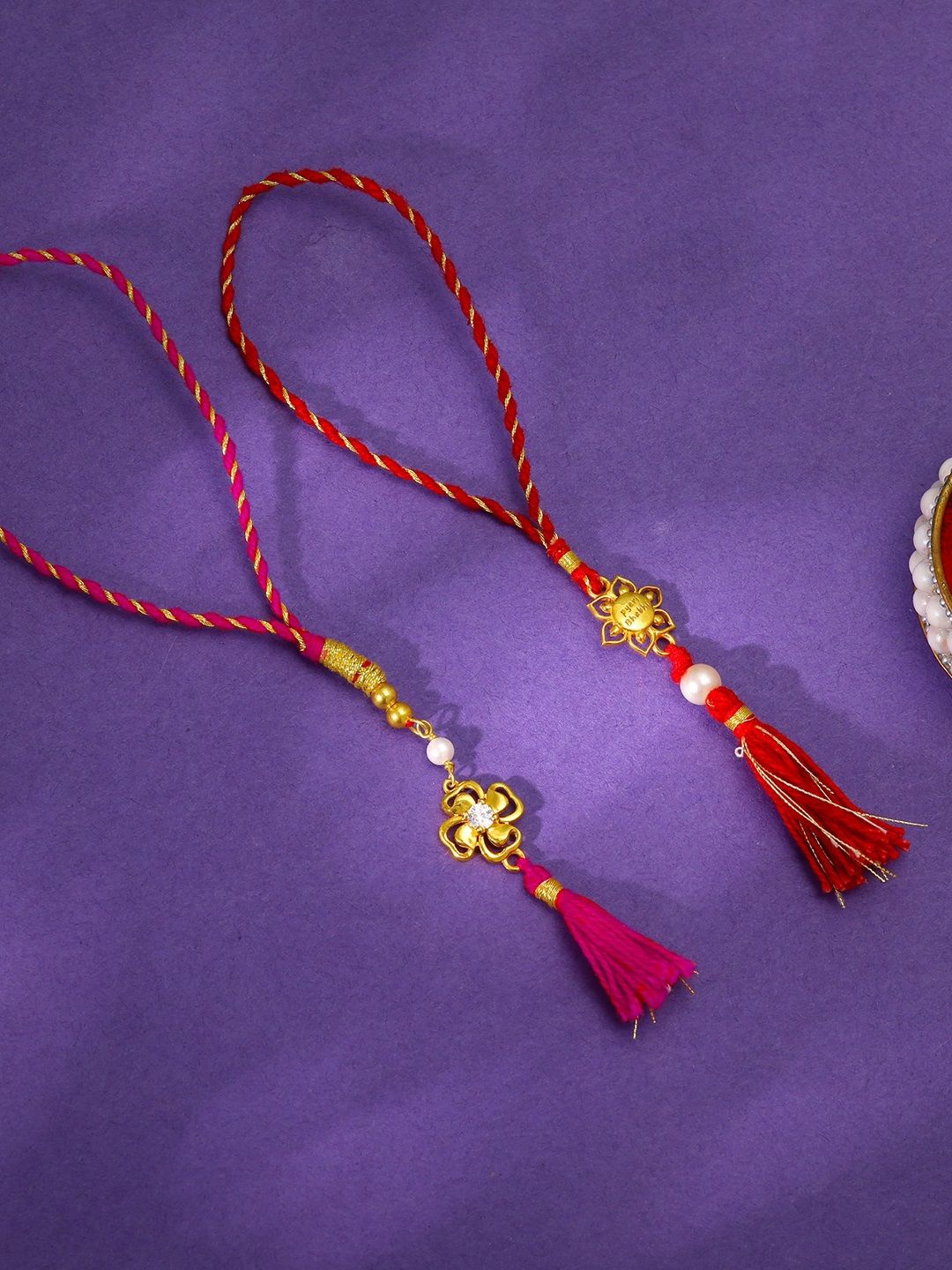 

GIVA 925 Silver Set Of 2 Stone Studded & Beaded Rakhi With Roli & Rice, Gold