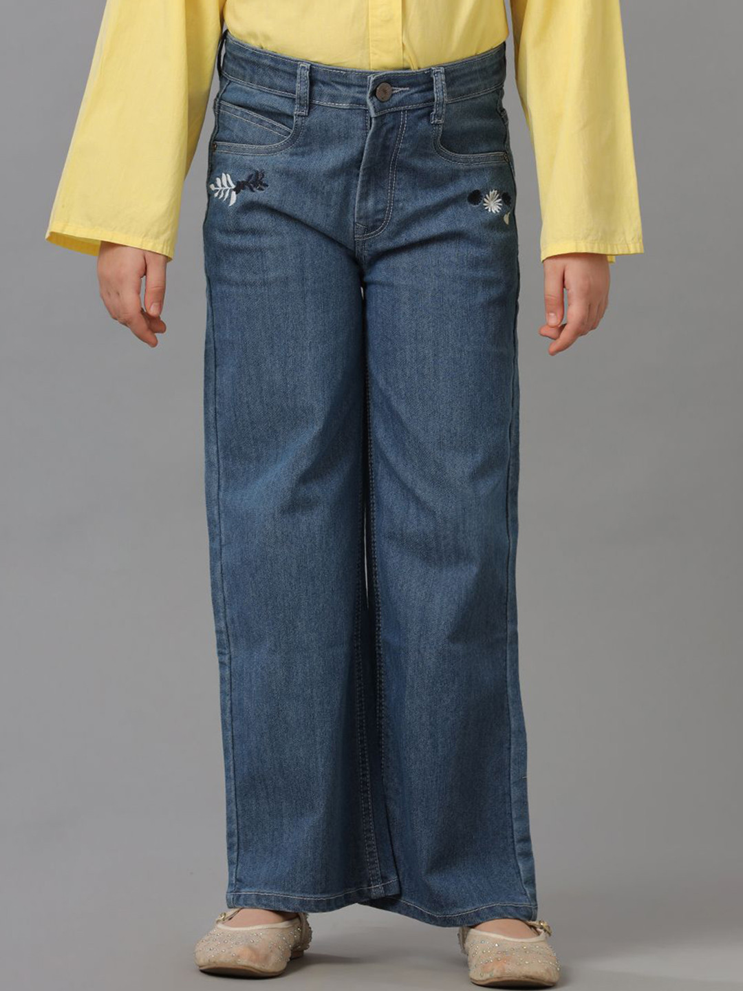 

UNDER FOURTEEN ONLY Girls Flared Embroidered Jeans, Blue