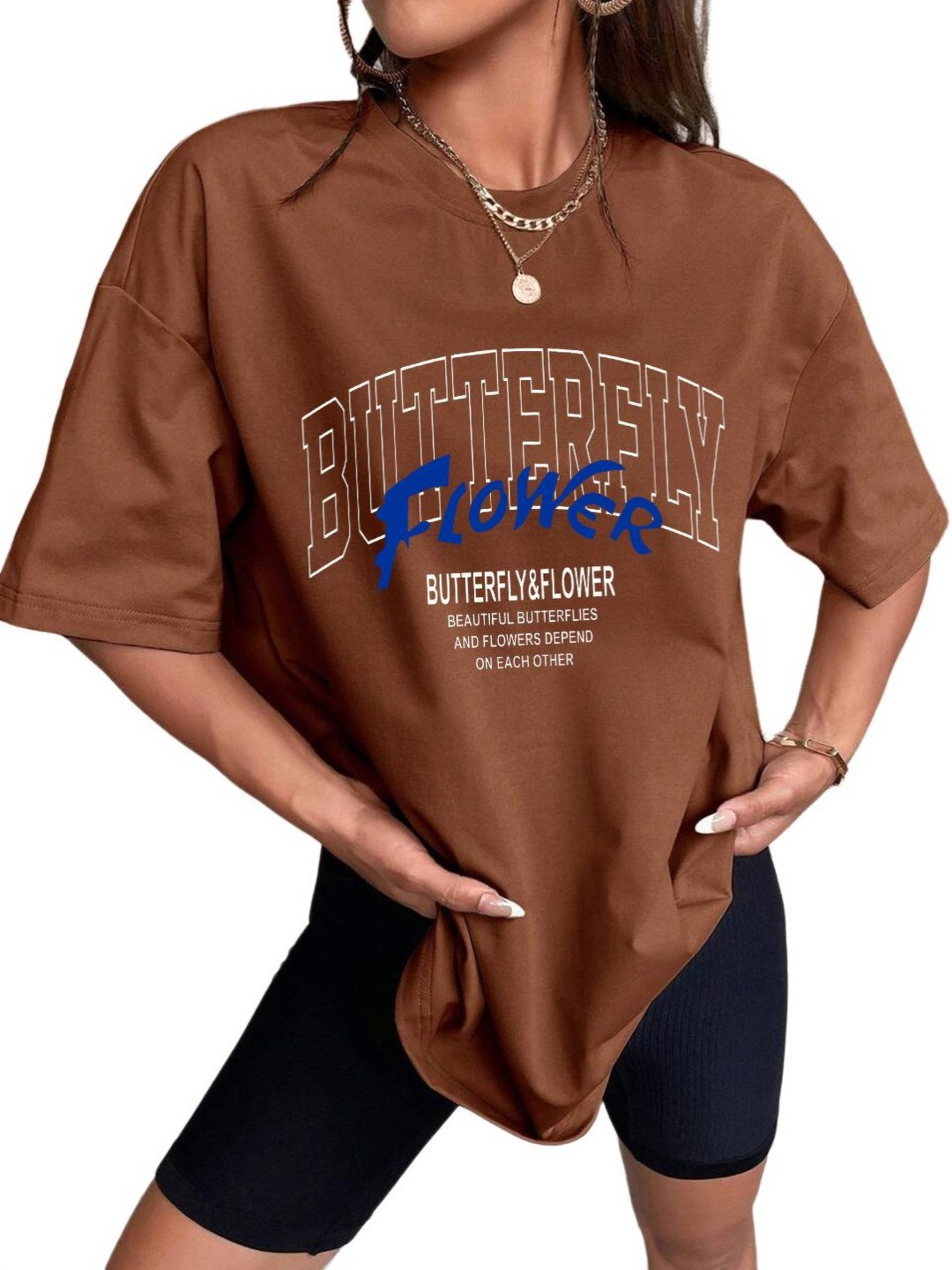 

TABADTOD Women Graphic Printed Oversized T-shirt, Brown