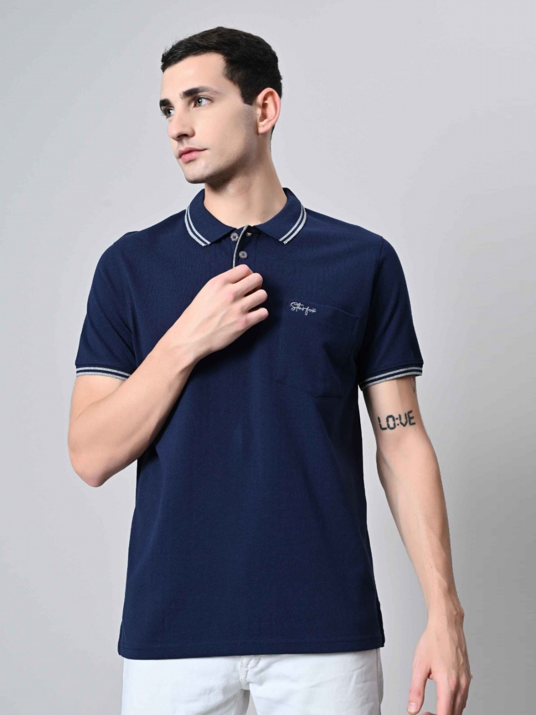 

STARFOX Men Solid Polo Collar Cotton T-shirt, Navy blue