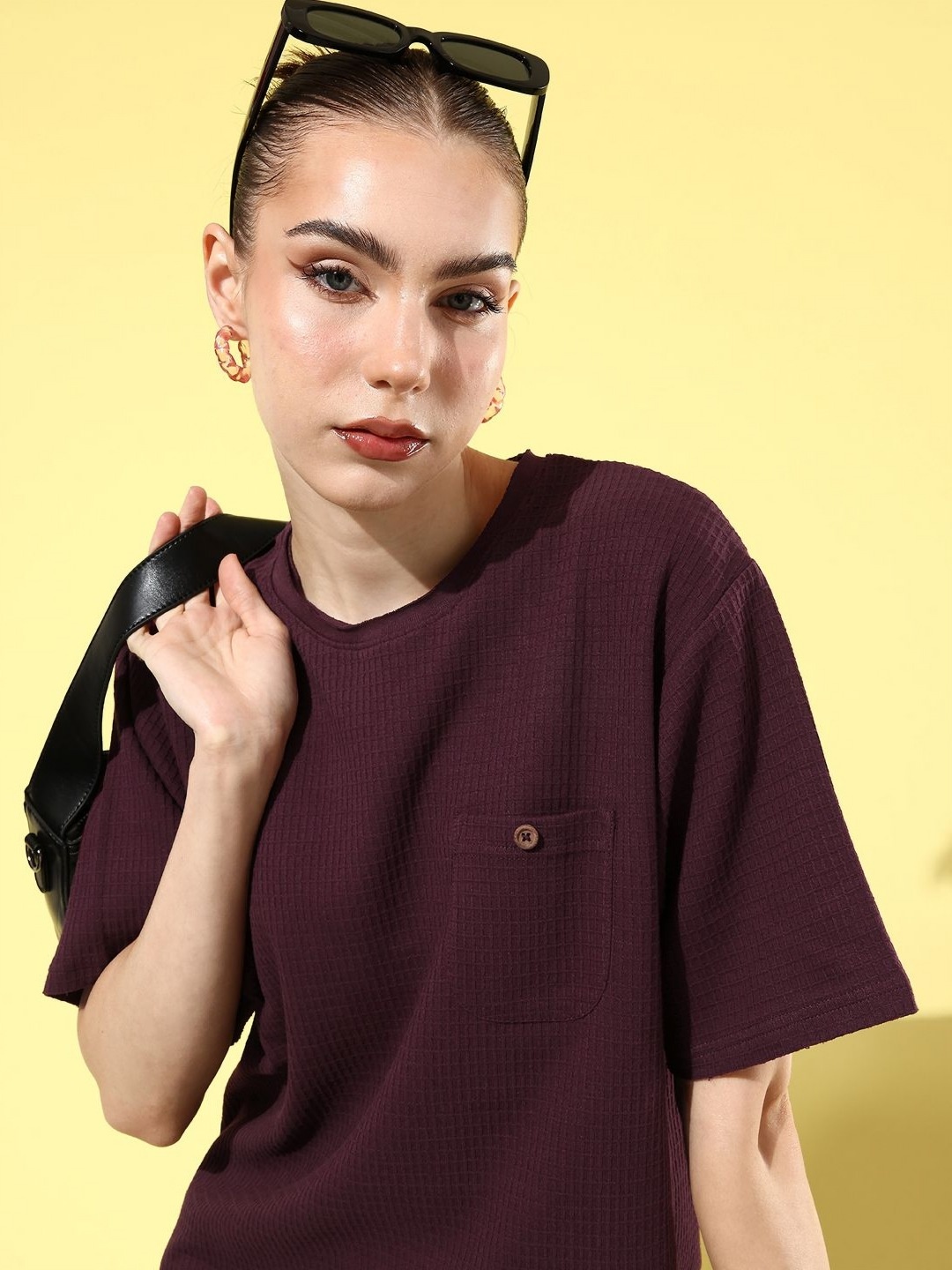 

DILLINGER Women Self Design Round Neck Cotton Oversized T-shirt, Maroon