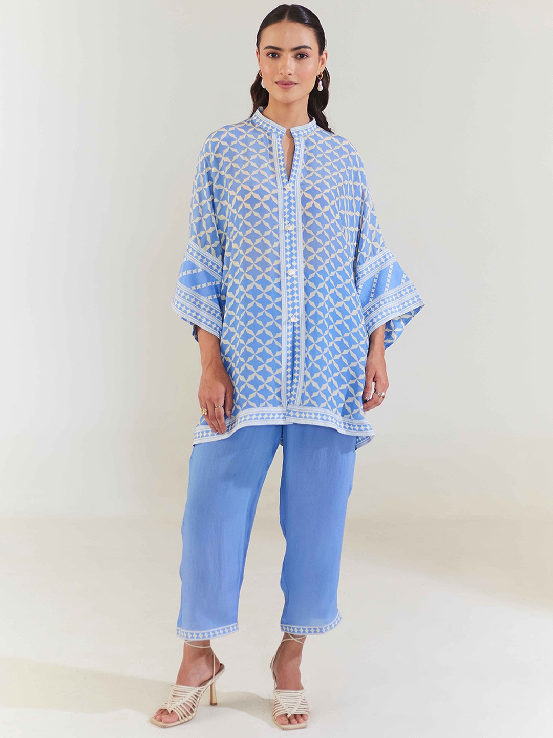 

Seeaash Printed Mandarin Collar Boxy Shirt With Trousers, Blue