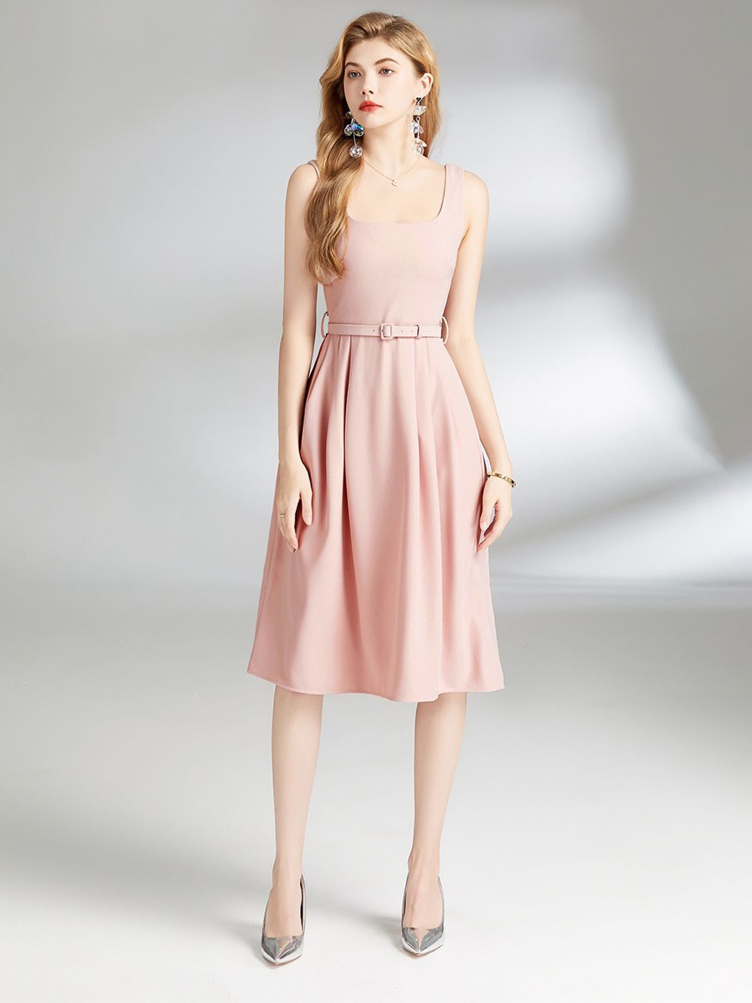 

JC Collection Square Neck Fit & Flare Dress With Belt, Pink