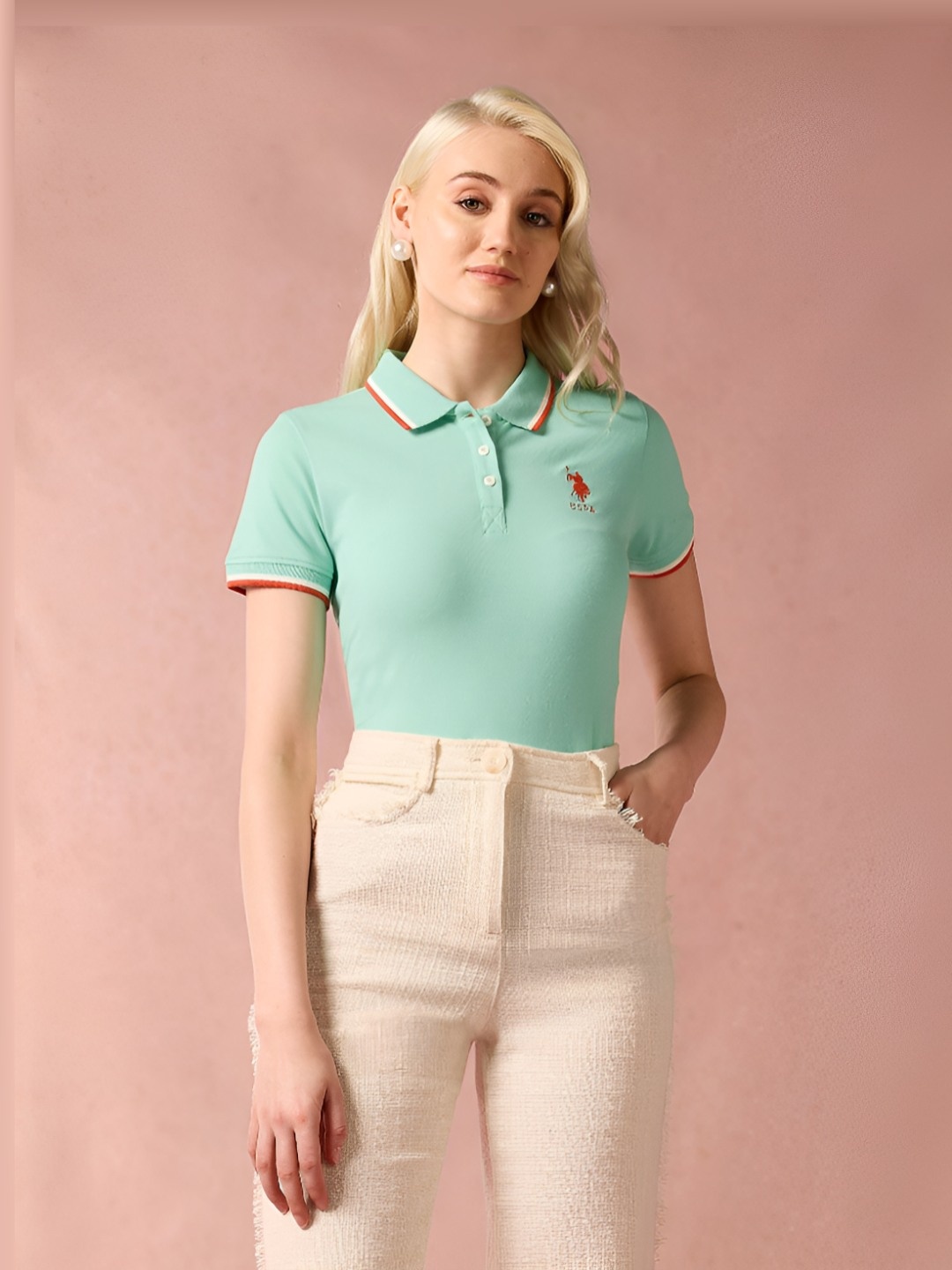 

U.S. Polo Assn. Women Solid Polo Collar Cotton T-Shirt, Green
