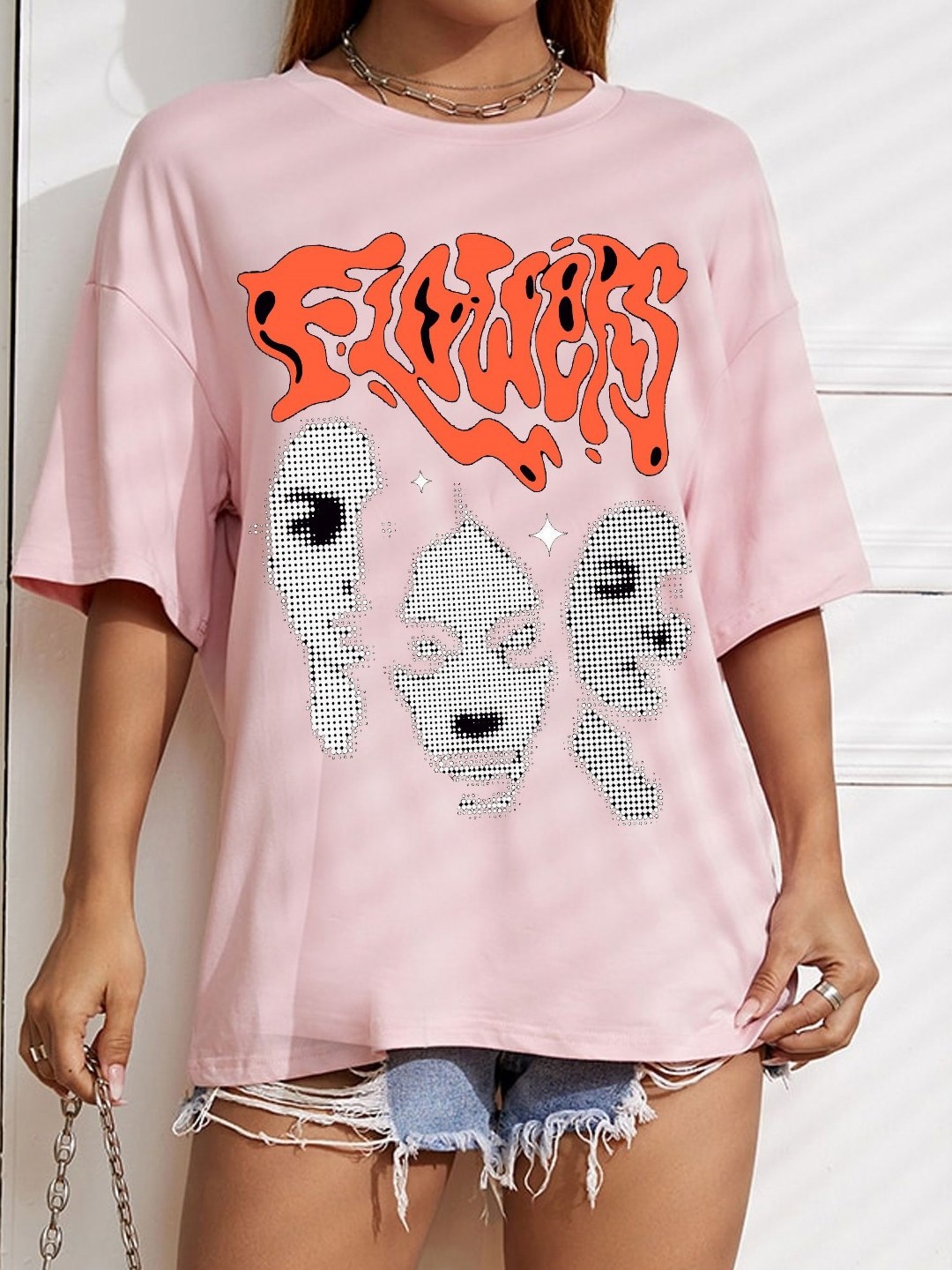 

TABADTOD Women Abstract Printed Oversized T-shirt, Pink