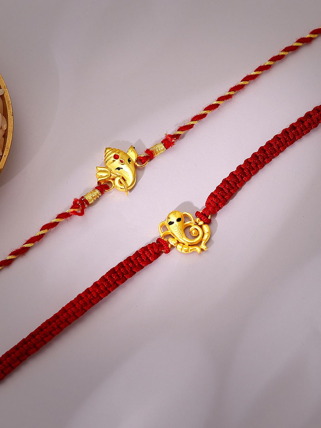 

GIVA 925 Sterling Silver Set Of 2 Gold-Plated Threaded Rakhis With Roli & Chawal