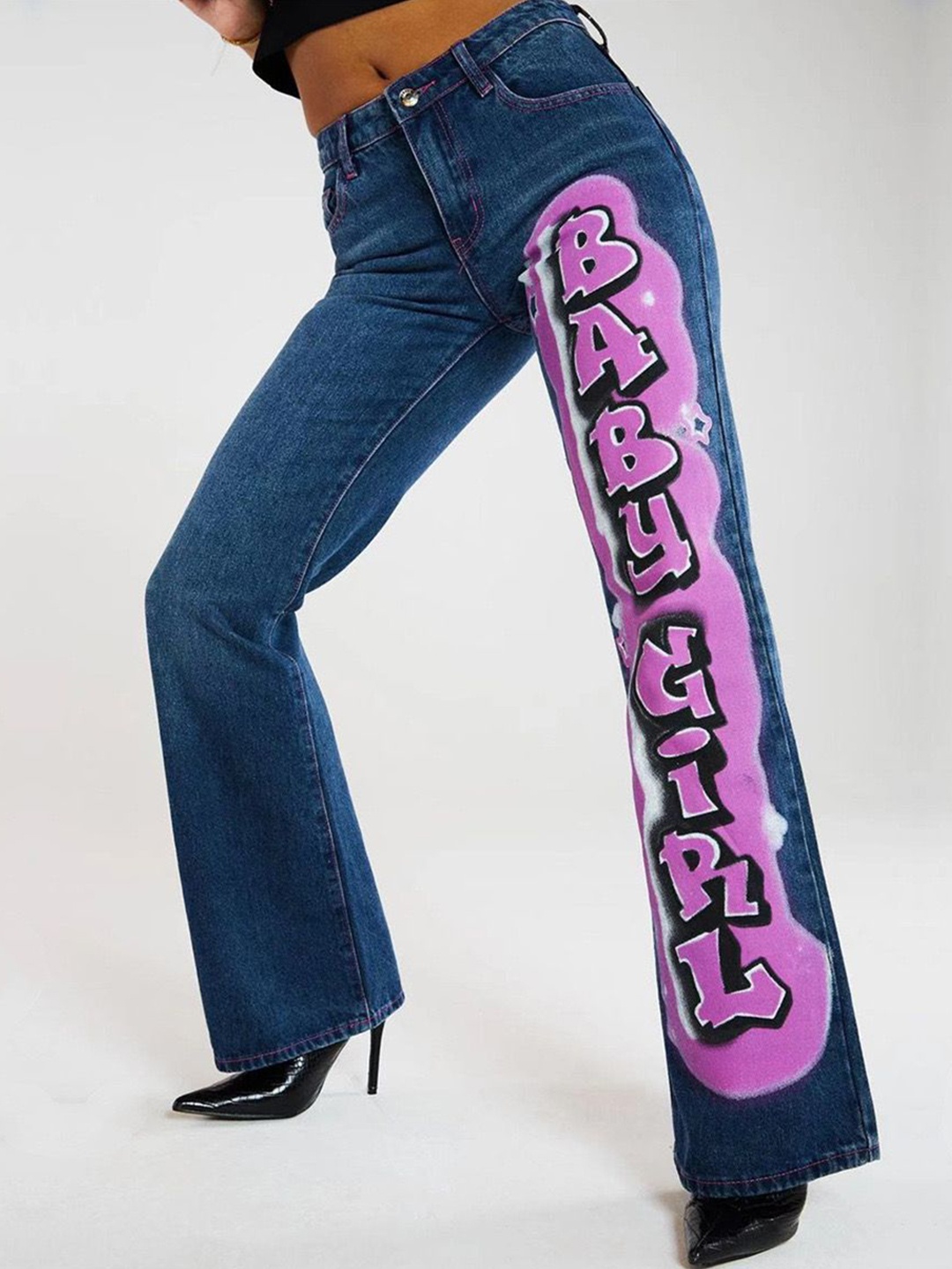 

PANKH Women Flared Mid-Rise Mildly Distressed Printed Jeans, Blue