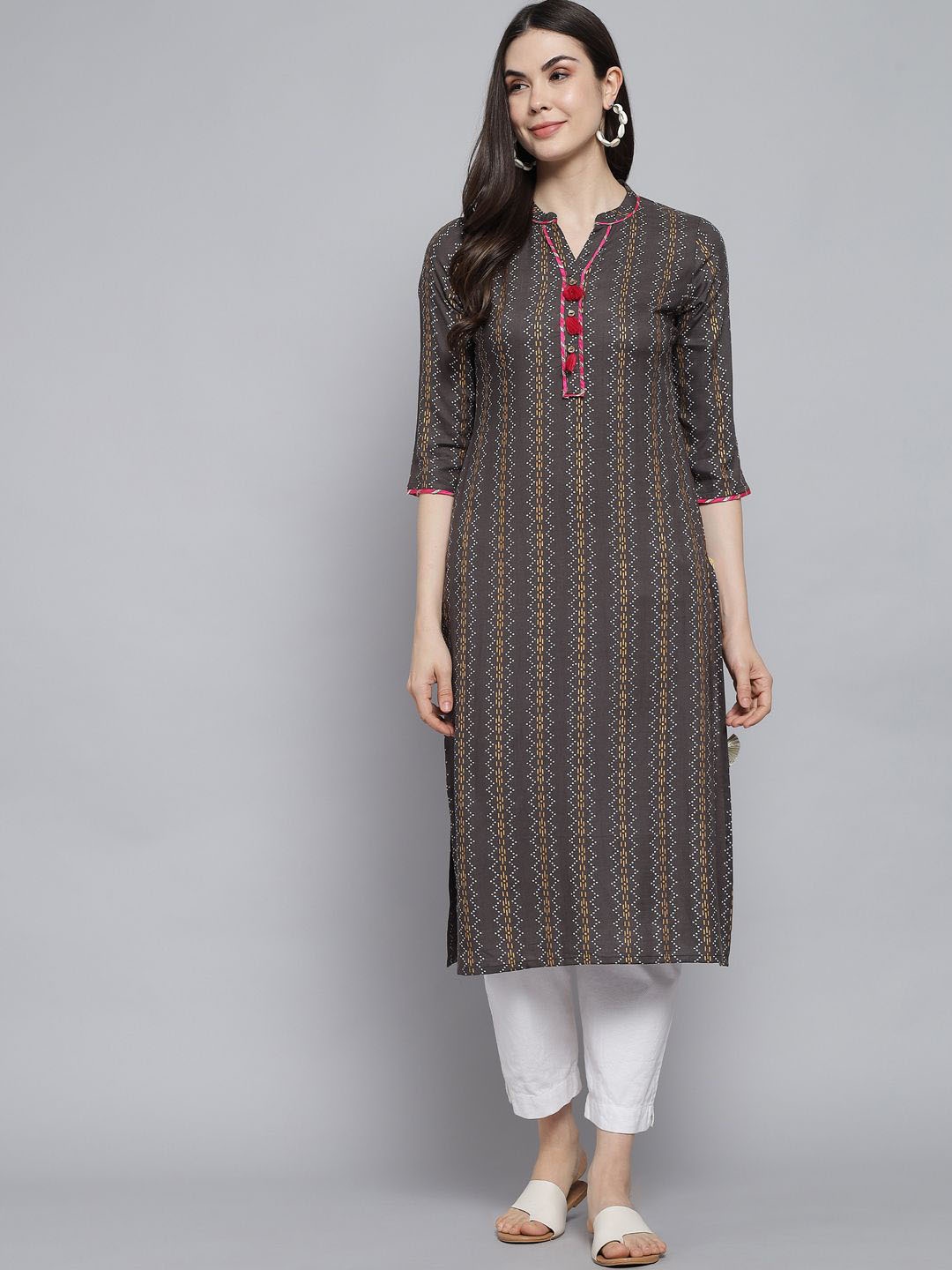 

Anouk Grey Striped Mandarin Collar Straight Kurta