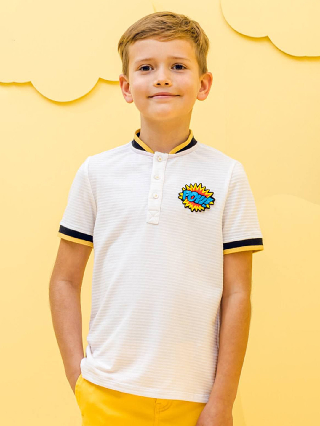 

One Friday Boys Striped Polo Collar Cotton T-shirt, Off white