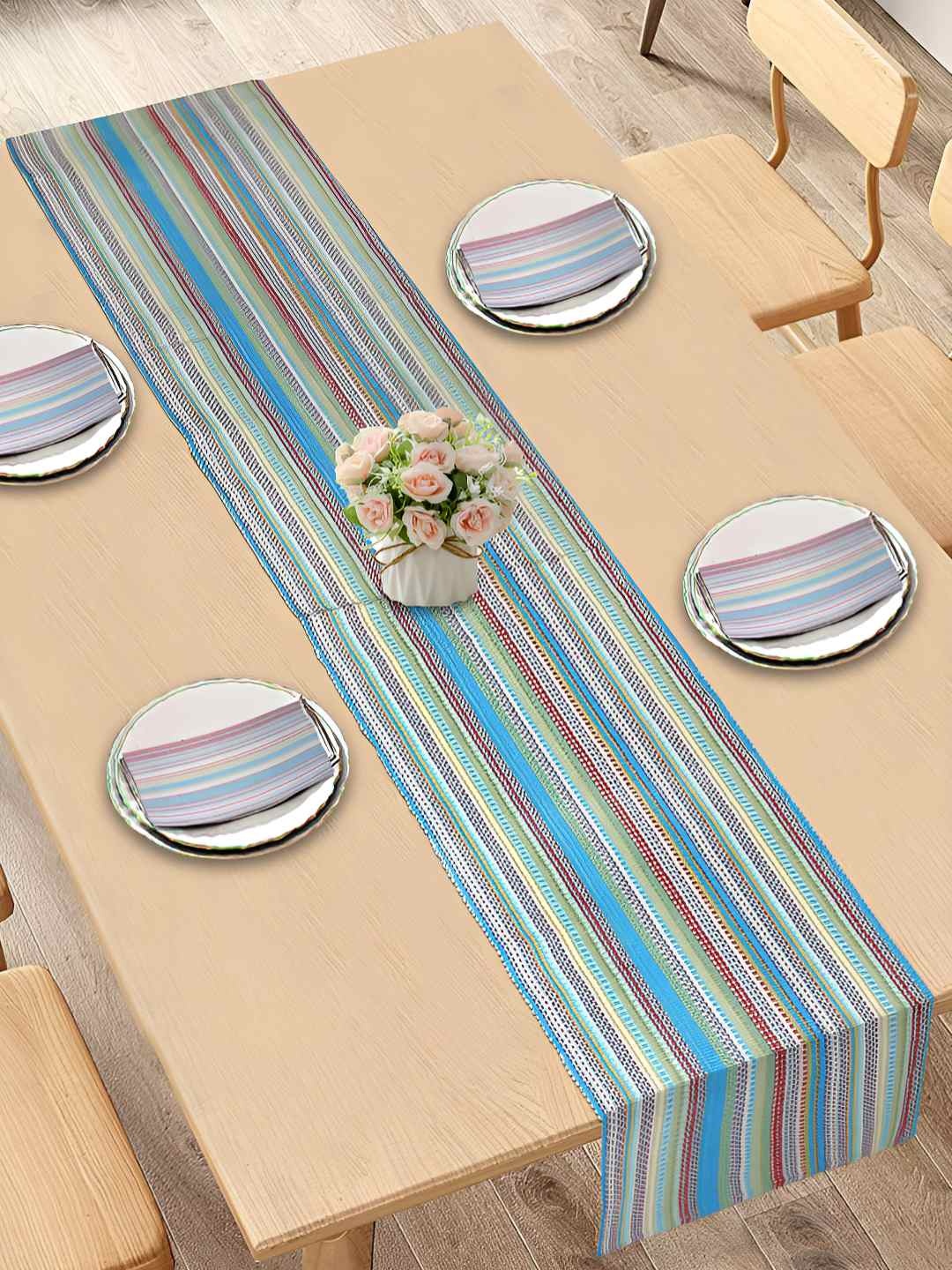 

HOME COLORS.IN Red & Blue Striped Cotton 6-Seater Table Runner