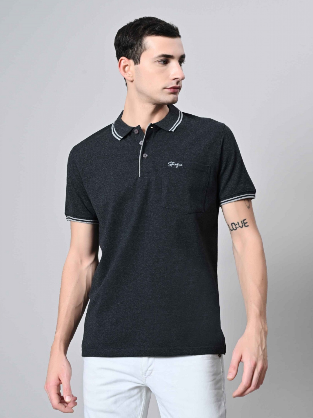 

STARFOX Men Solid Polo Collar Cotton T-shirt, Charcoal