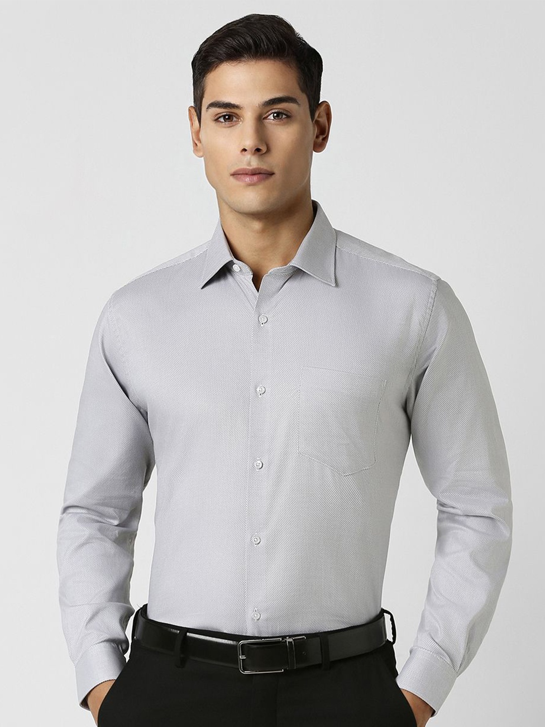 

Van Heusen Men Spread Collar Textured Printed Cotton Party Shirt, Grey