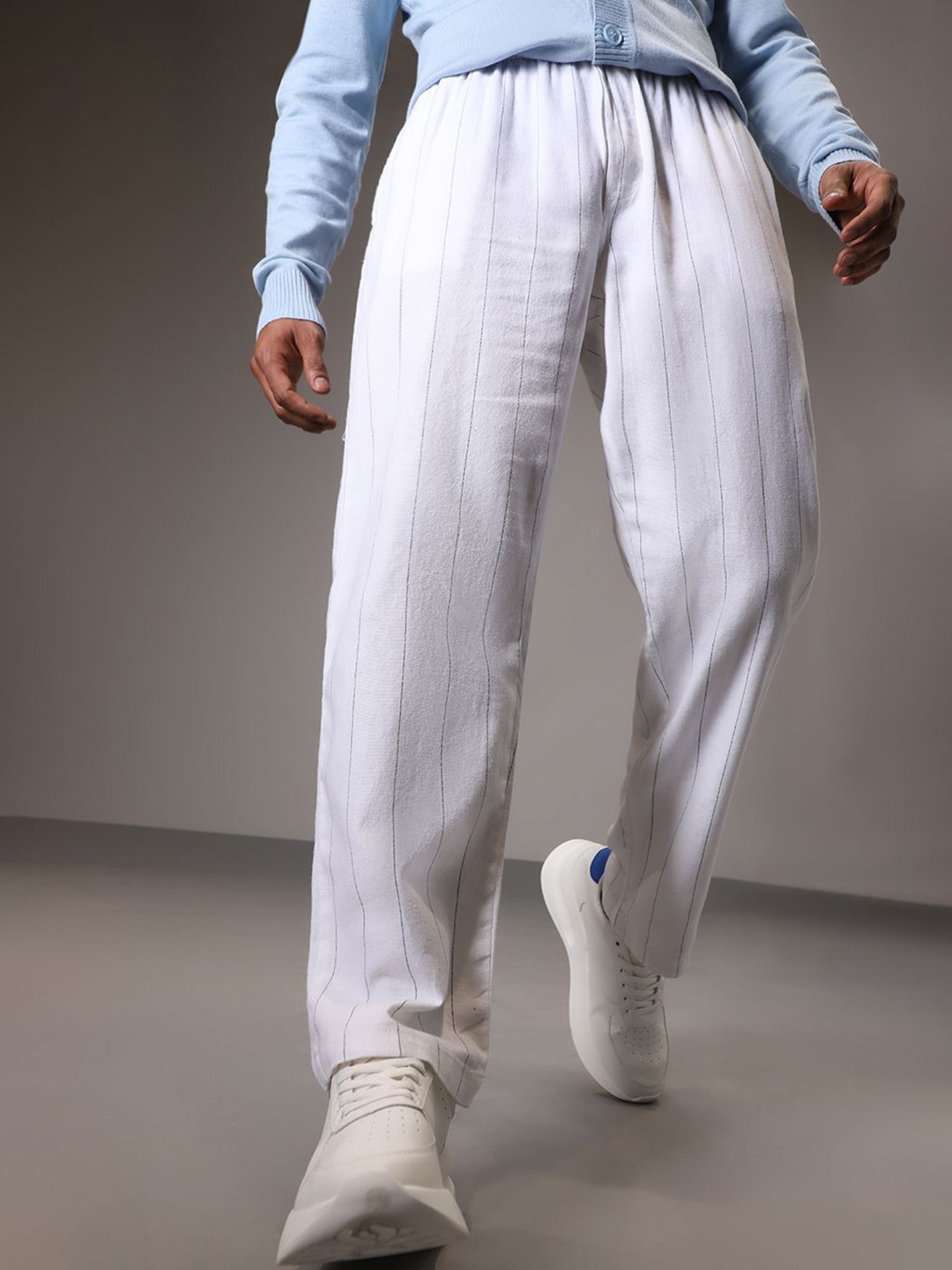 

Banana Club Men Striped Relaxed Linen Trousers, White