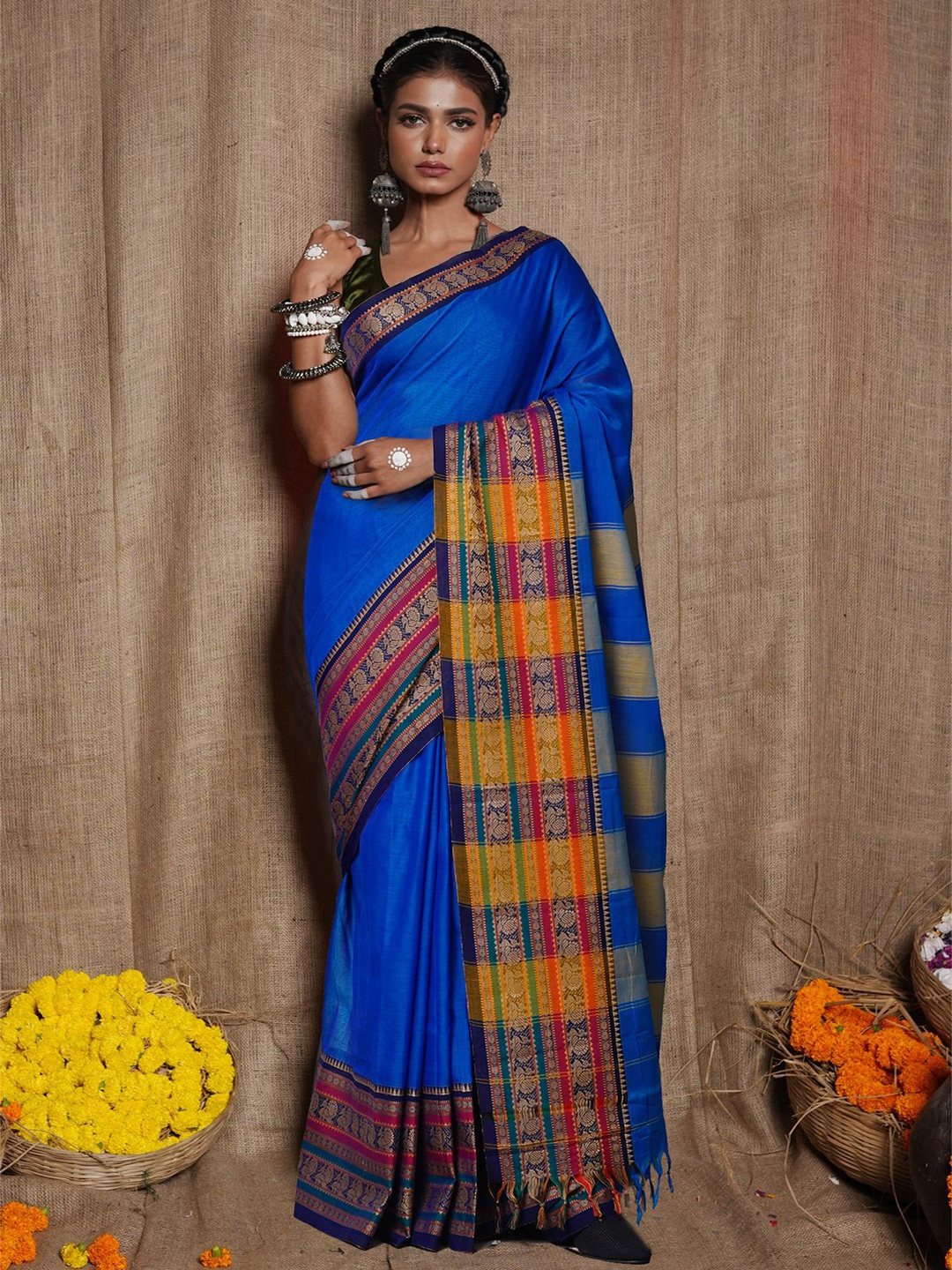 

Unnati Silks Pure Cotton Handloom Narayan Peth Saree, Blue