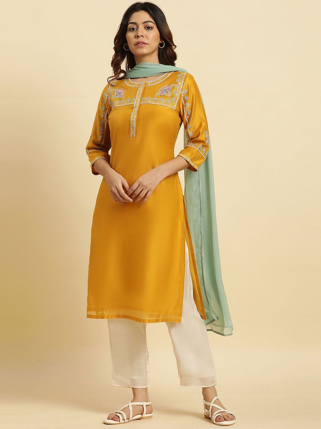 

W Floral Yoke Design Thread Work Straight Kurta, Mustard