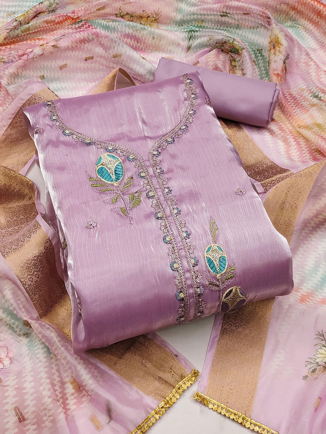 

KALINI Floral Embroidered Sequinned Organza Unstitched Dress Material, Lavender
