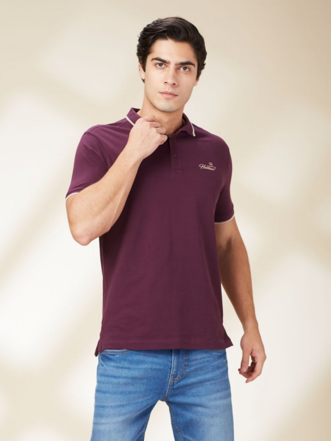 

Being Human Men Polo Collar Drop-Shoulder Sleeves Pockets T-shirt, Red