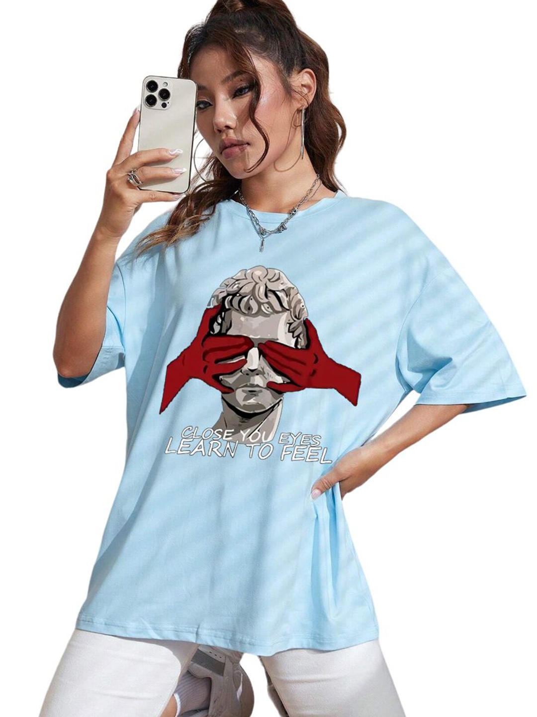 

TABADTOD Women Graphic Printed Oversized T-shirt, Blue