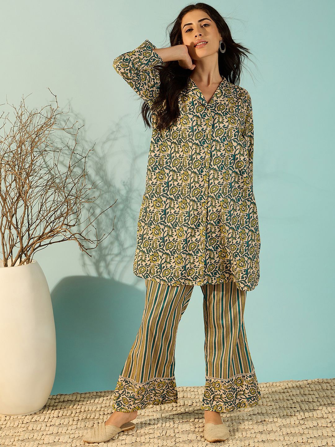 

The Kaftan Company Printed Pure Cotton Shirt With Trousers Co-Ords, Yellow