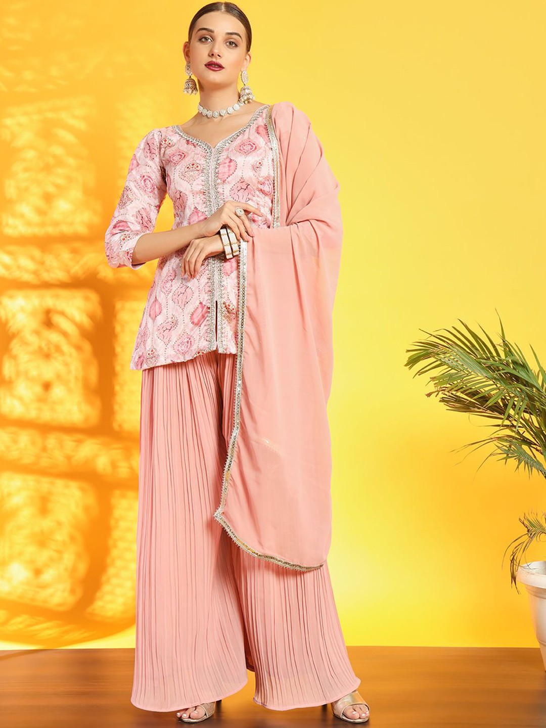 

Chhabra 555 Ethnic Motifs Printed Sequinned A-Line Kurti With Palazzs & Dupatta, Pink