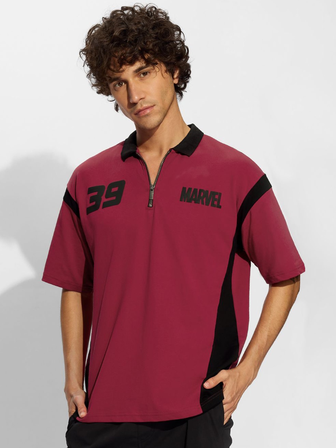 

The Souled Store Men Varsity Printed Polo Collar Cotton Oversized T-shirt, Magenta