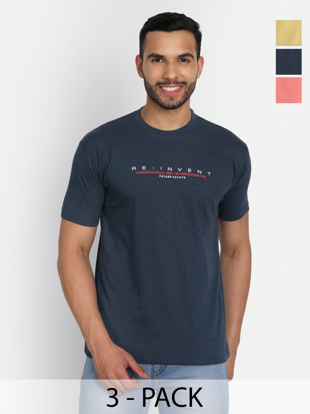 

ZEFFIT Men Pack Of 3 Typography Printed Round Neck Cotton T-shirts, Navy blue