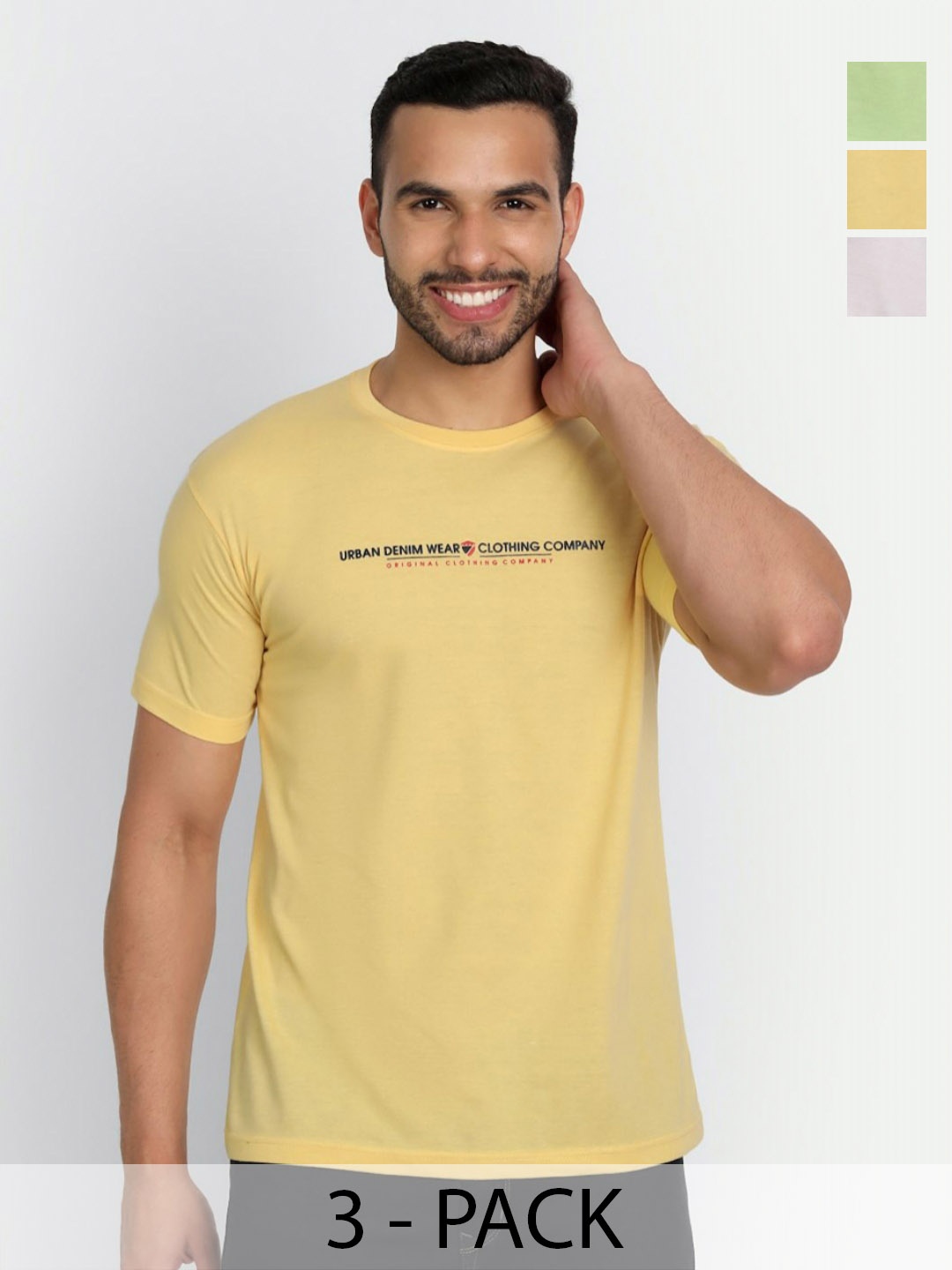 

ZEFFIT Men Pack Of 3 Typography Printed Round Neck Cotton T-shirts, Yellow