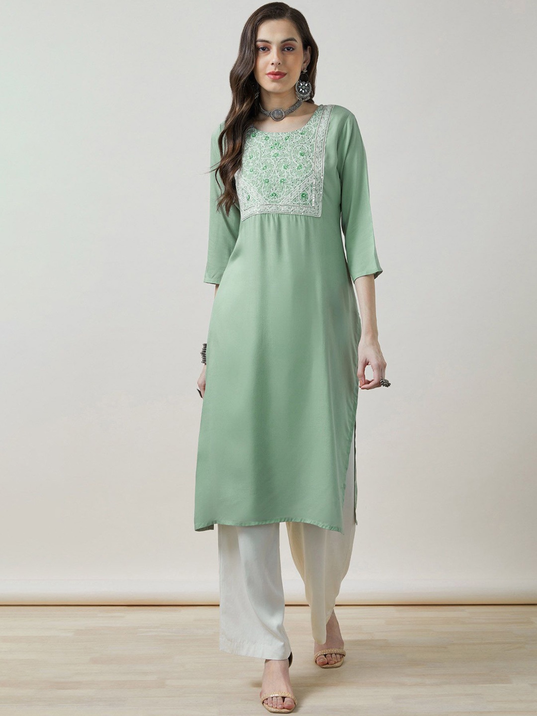 

Soch Women Rayon Embroidered Kurta With Sequins, Green