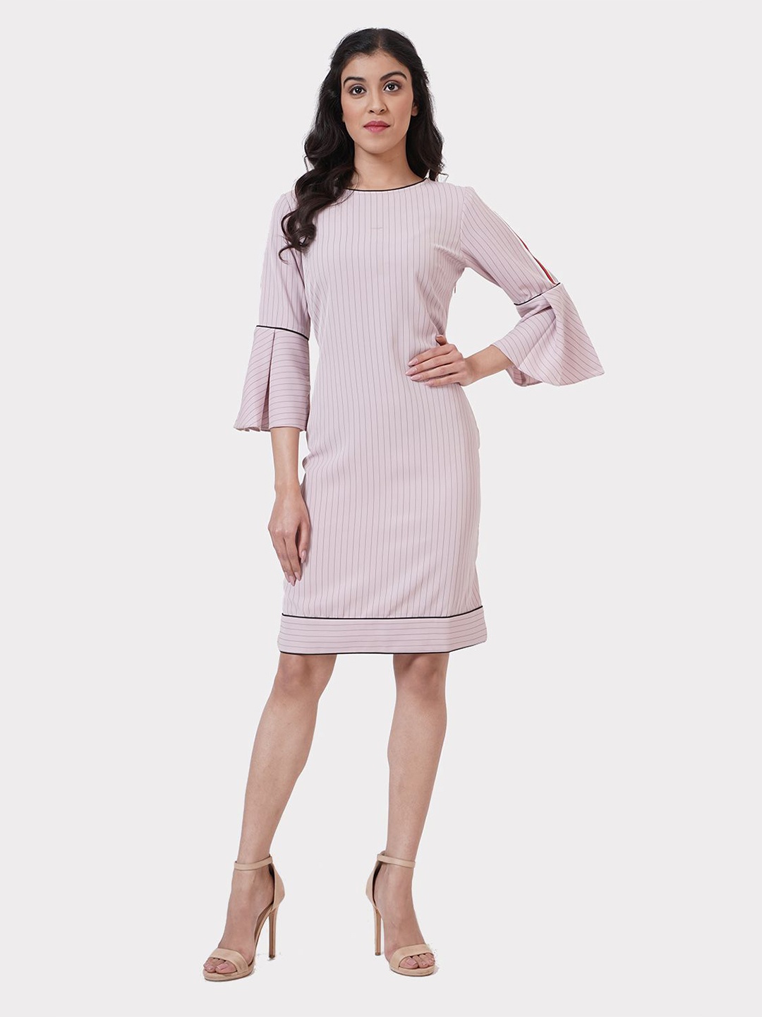 

SHECZZAR Striped Bell Sleeve Sheath Dress, Pink