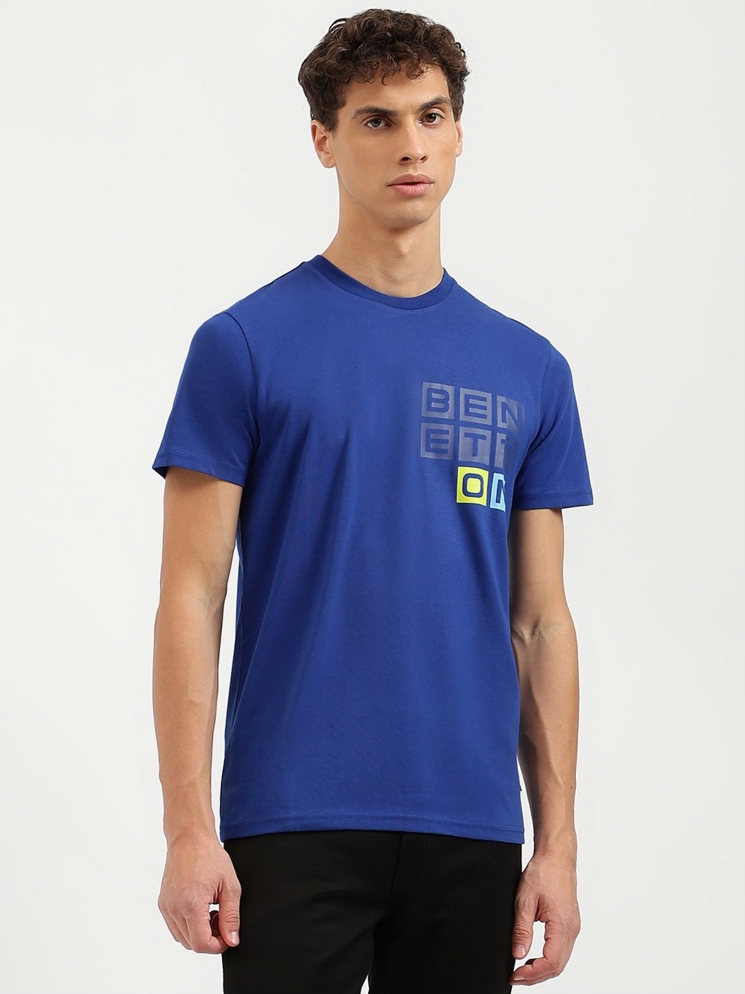 

United Colors of Benetton Men Typography Printed Pure Cotton Applique T-shirt, Blue