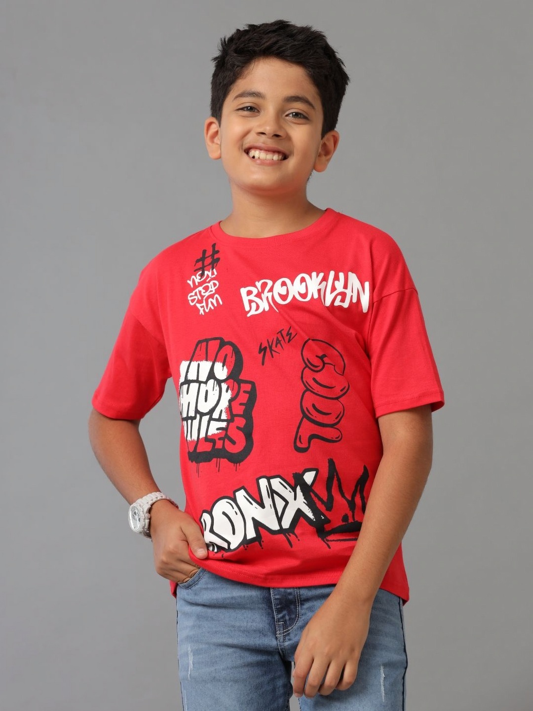 

UNDER FOURTEEN ONLY Boys Typography Printed Round Neck Cotton T-shirt, Red