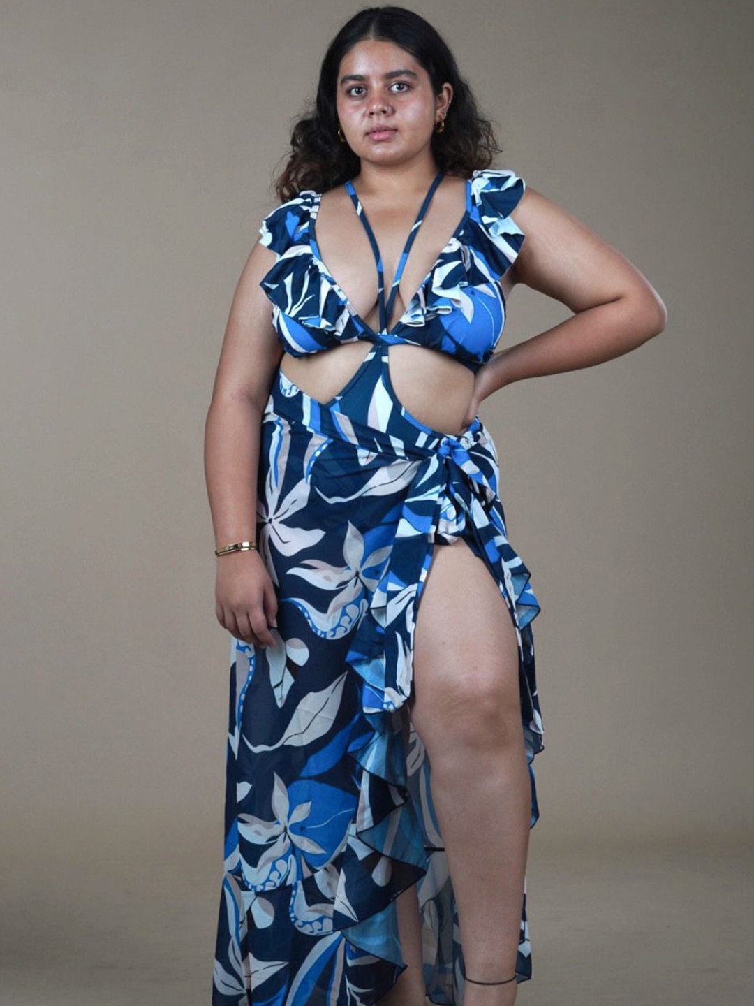 

WomanLikeU Printed Swim Coverup Set, Navy blue