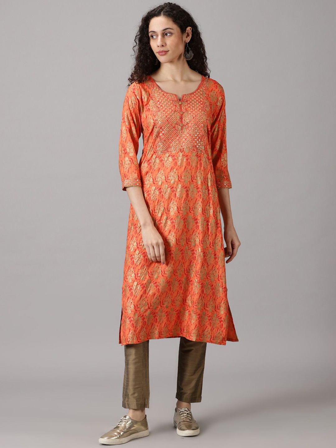 

Anouk Orange Ethnic Motifs Printed Round Neck Mirror Work Liva Straight Kurta