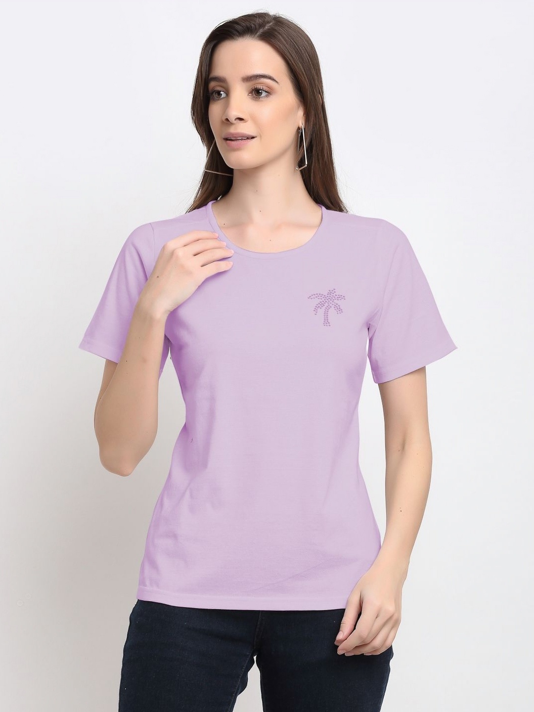

BRINNS Women Solid Round Neck Cotton T-shirt, Lavender