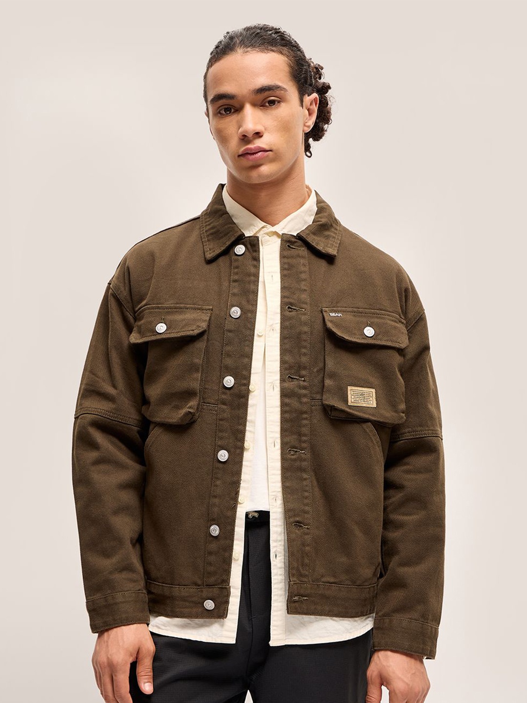 

THE BEAR HOUSE Men Solid Classic Denim Jacket, Olive