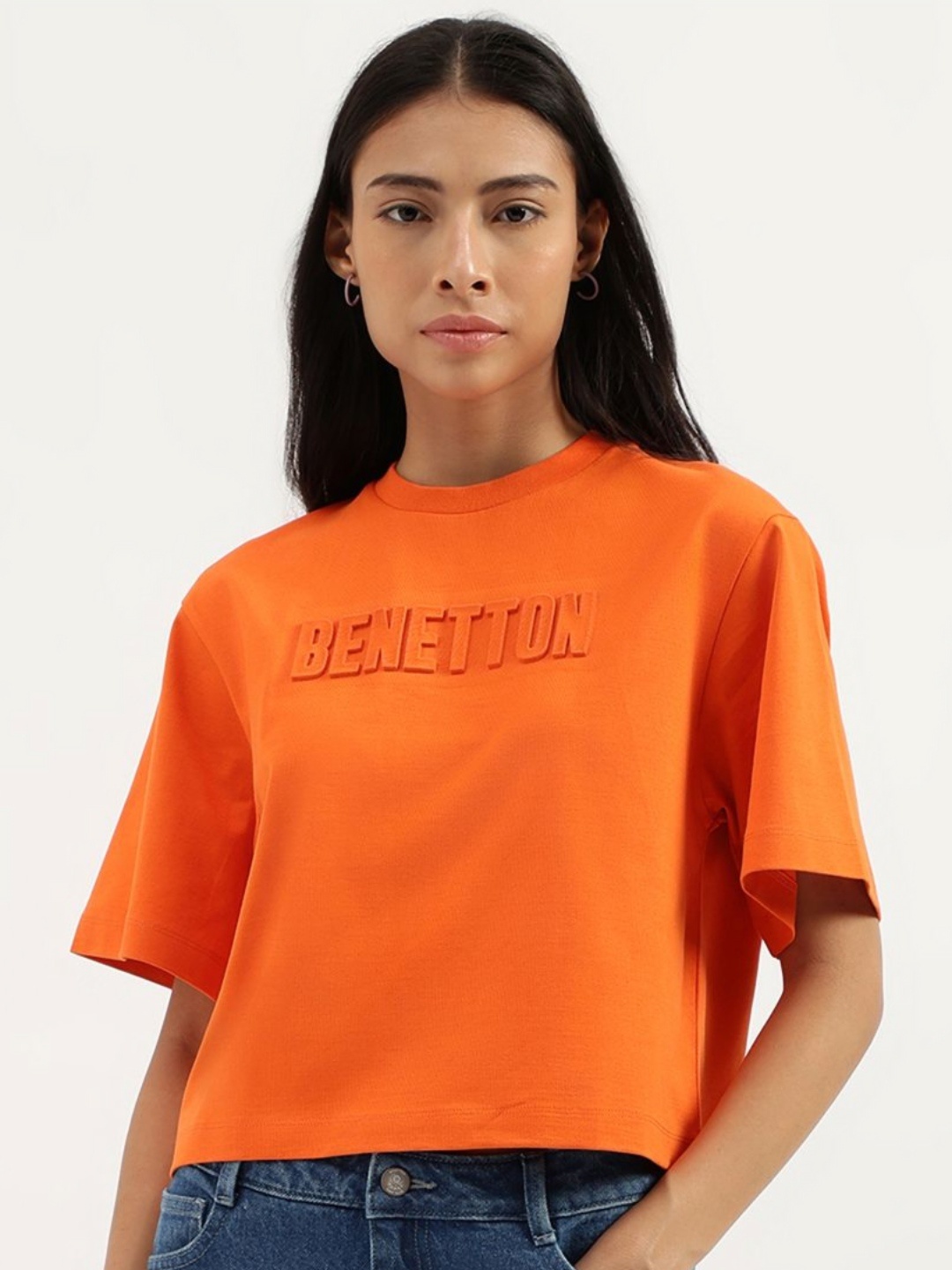 

United Colors of Benetton Women Typography Extended Sleeves Pure Cotton T-shirt, Orange