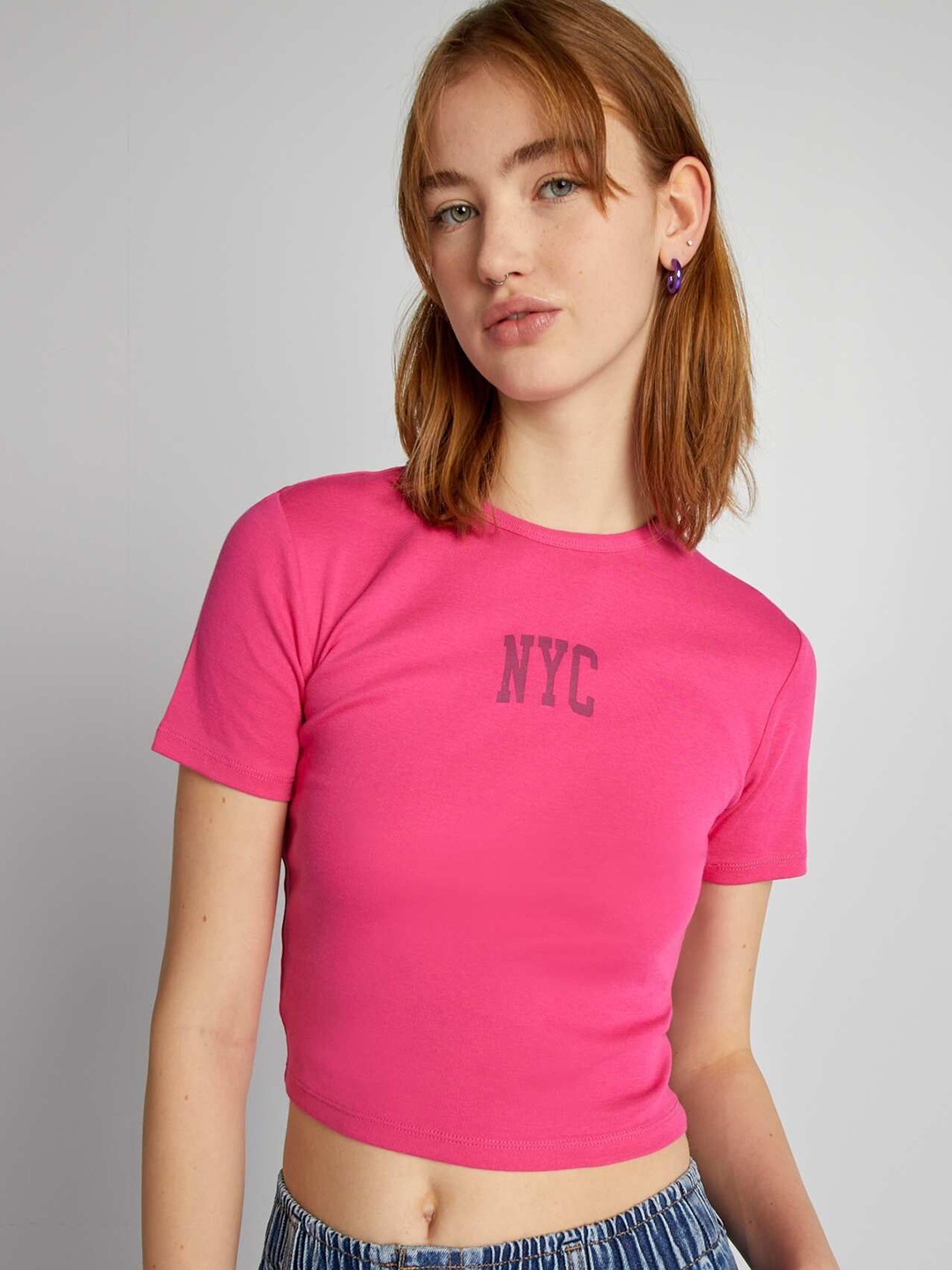

KIABI Women Graphic Printed Slim Fit T-shirt, Pink