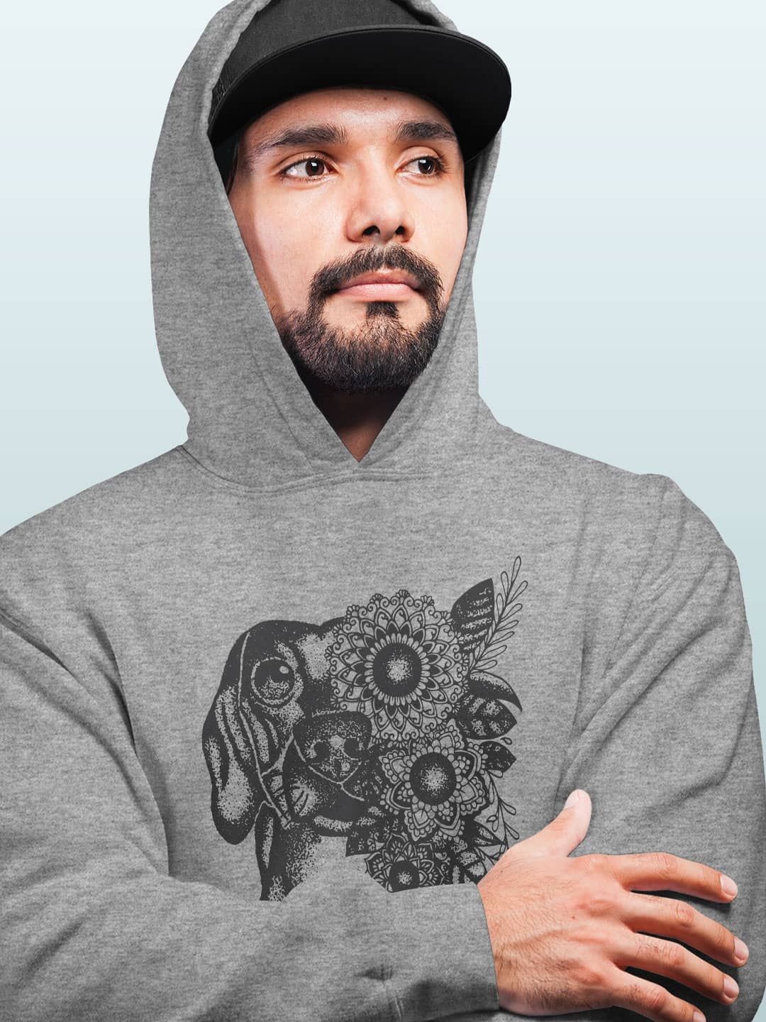 

macmerise Men Printed Hooded Sweatshirt, Grey