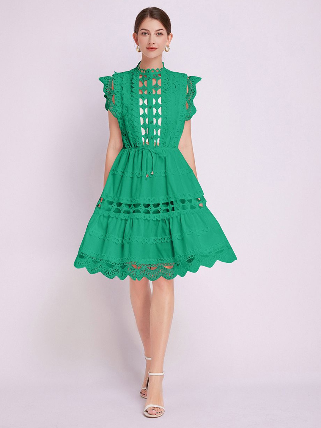 

JC Collection Round neck Self Design Knitted Fit & Flare Dress, Green