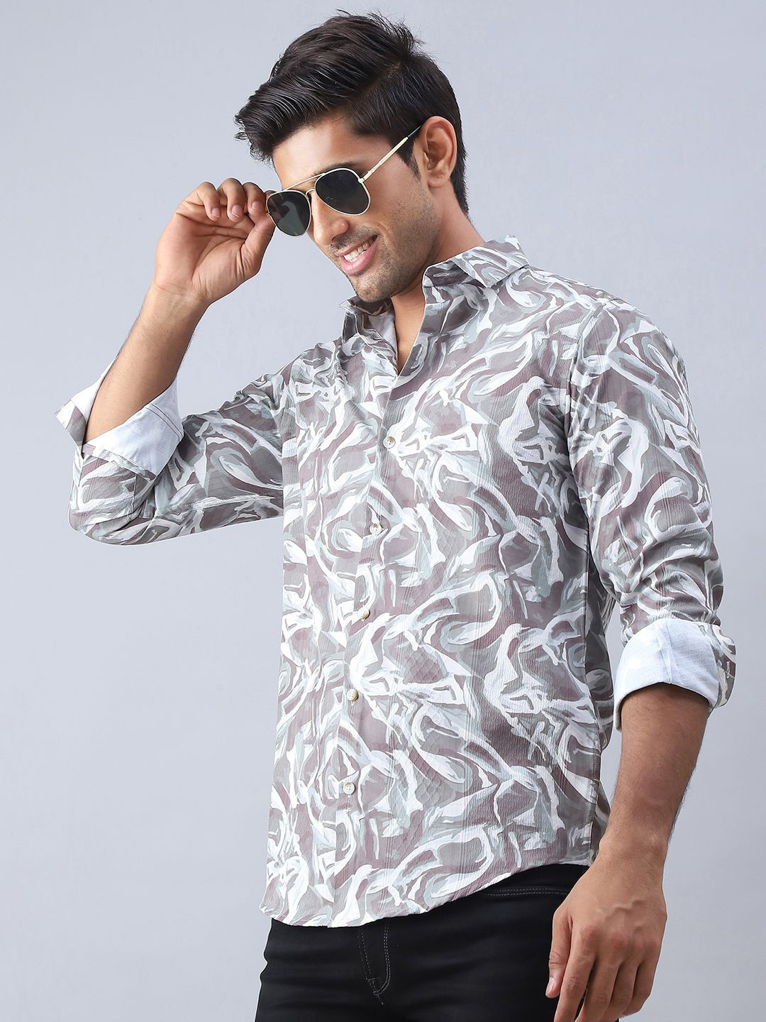 

Indian Needle Men Classic Spread Collar Printed Cotton Casual Shirt, Brown