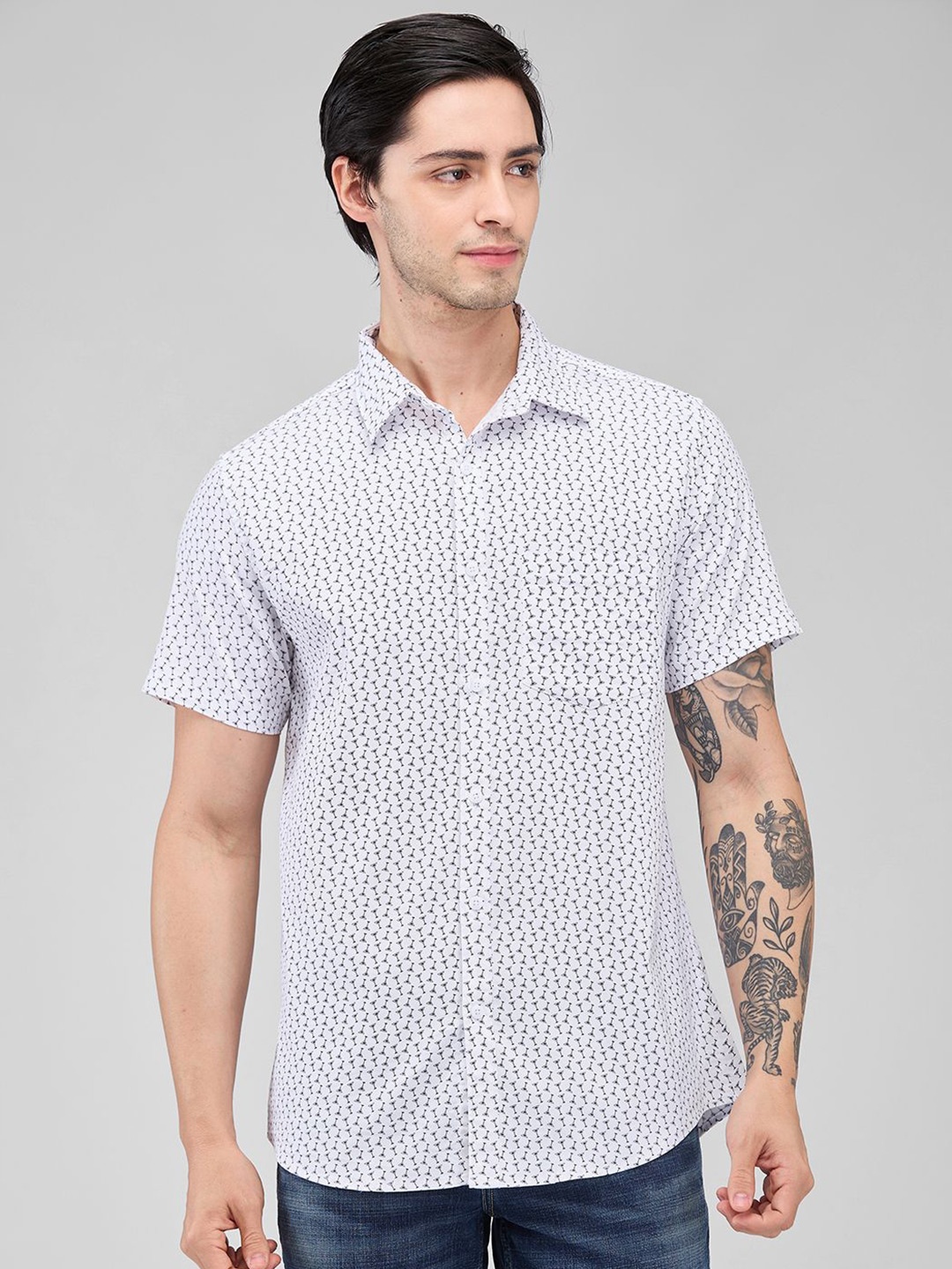 

Nick&Jess Men Classic Slim Fit Opaque Printed Casual Shirt, White