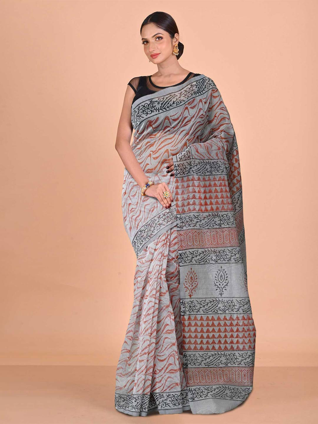 

Unnati Silks Ethnic Motifs Block Print Handloom Saree, Grey