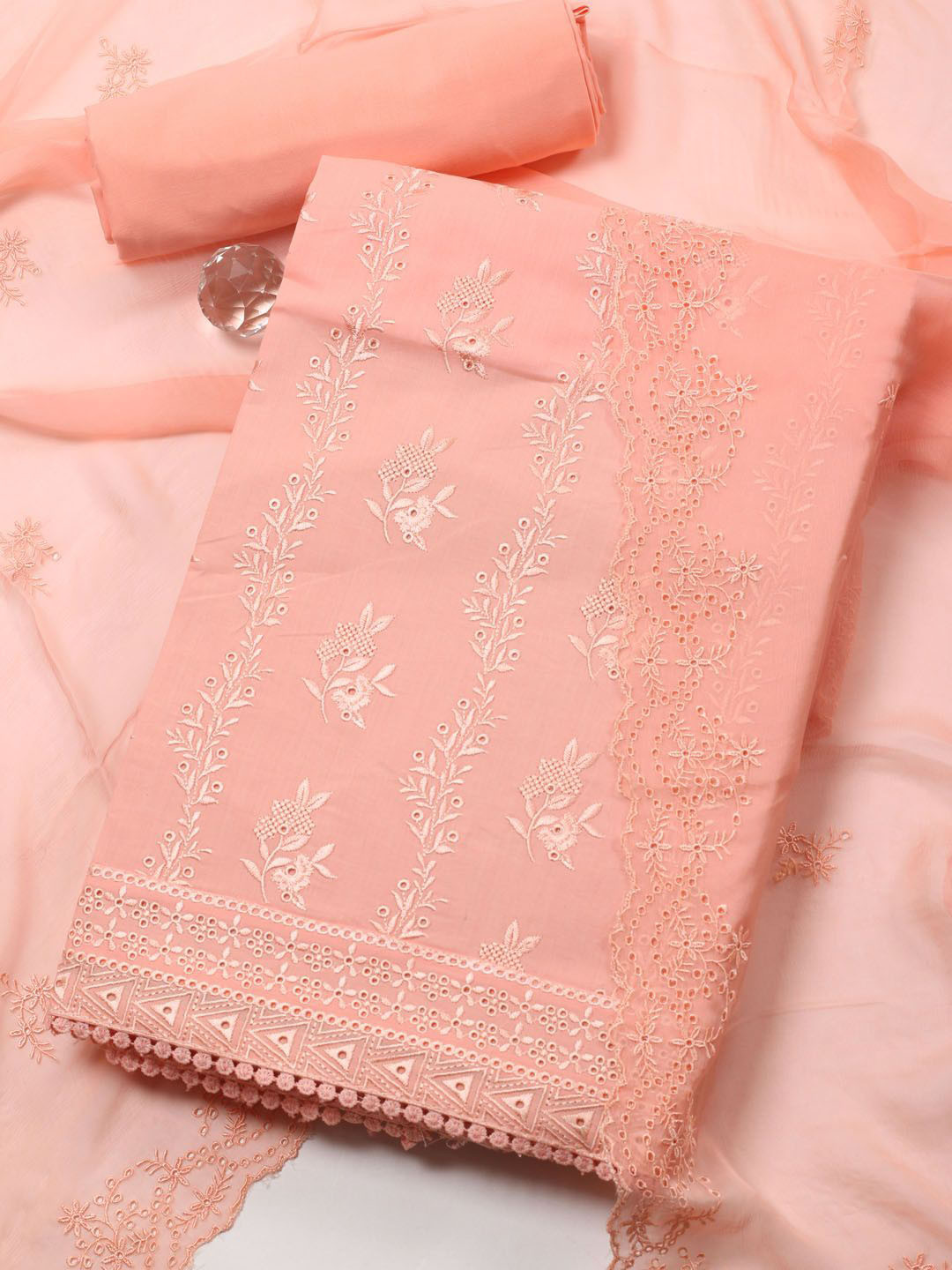 

Meena Bazaar Floral Embroidered Unstitched Dress Material, Peach