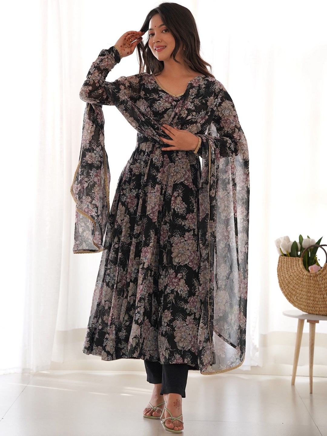 

Yara Creation Floral Printed V-neck Empire Georgette Kurta With Trousers & Dupatta, Black