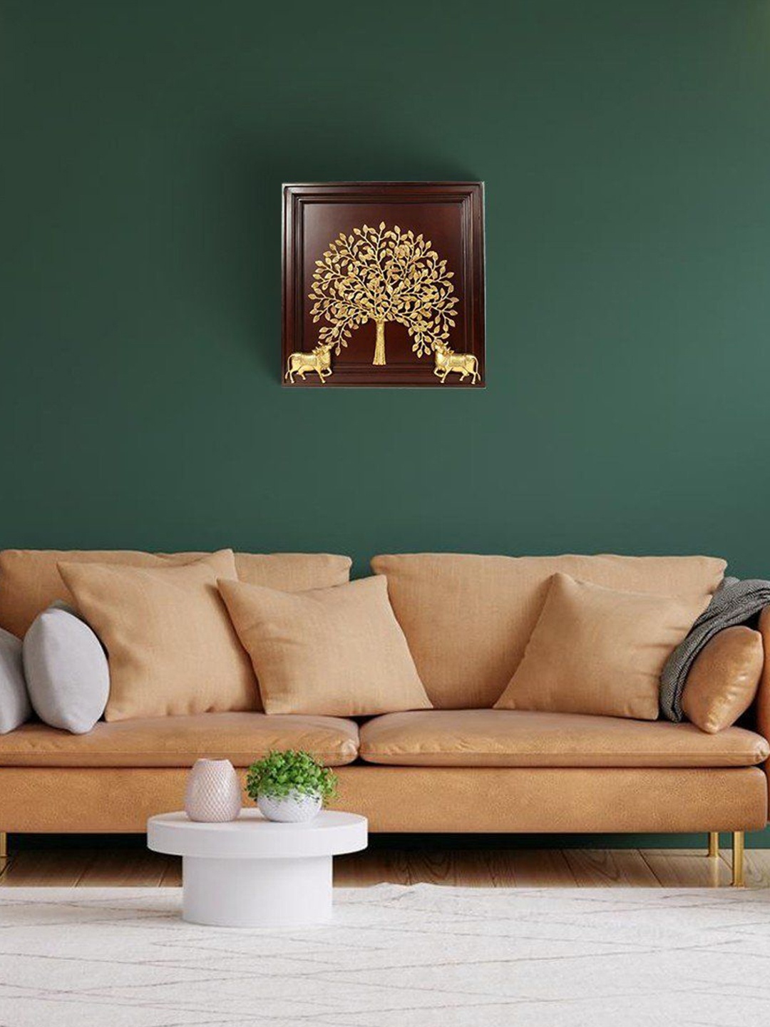 

Exotic India Pair of Kamadhenu Cow Under Kalpavriksh Tree Wood & Brass Wall Hanging, Gold