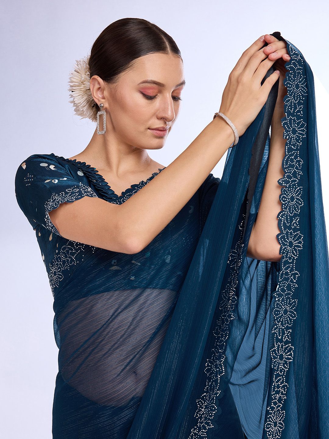 

Mitera Pure Georgette Embroidered Embellished Party Celebrity Saree, Blue