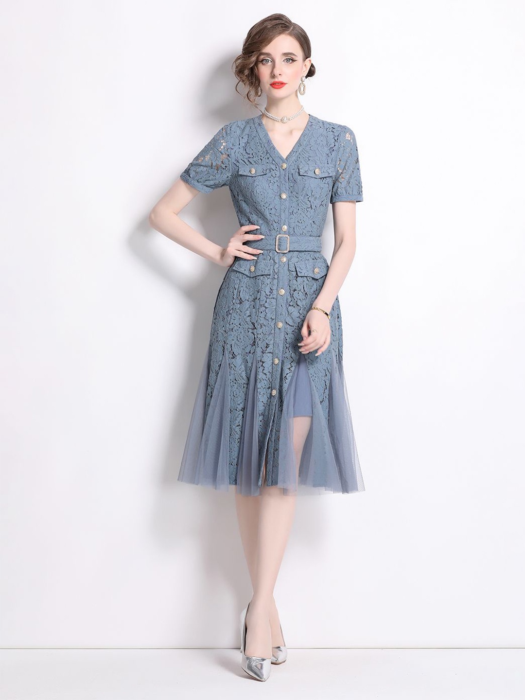 

JC Collection Floral A-Line Dress with Belted, Blue