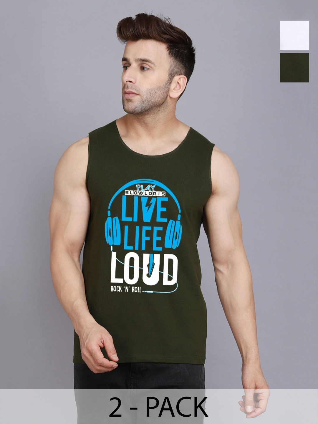 

SLOWLORIS Men Pack Of 2 Typography Printed Round Neck Cotton Slim Fit T-shirts, Olive